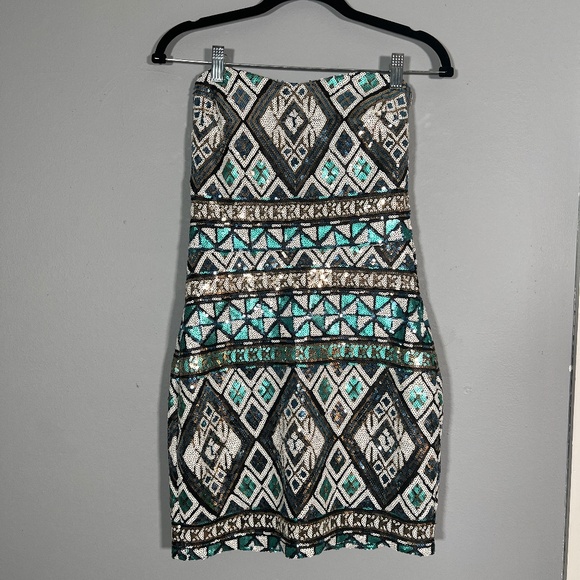 Strapless Sequin Geometric Mini Dress - Picture 1 of 12
